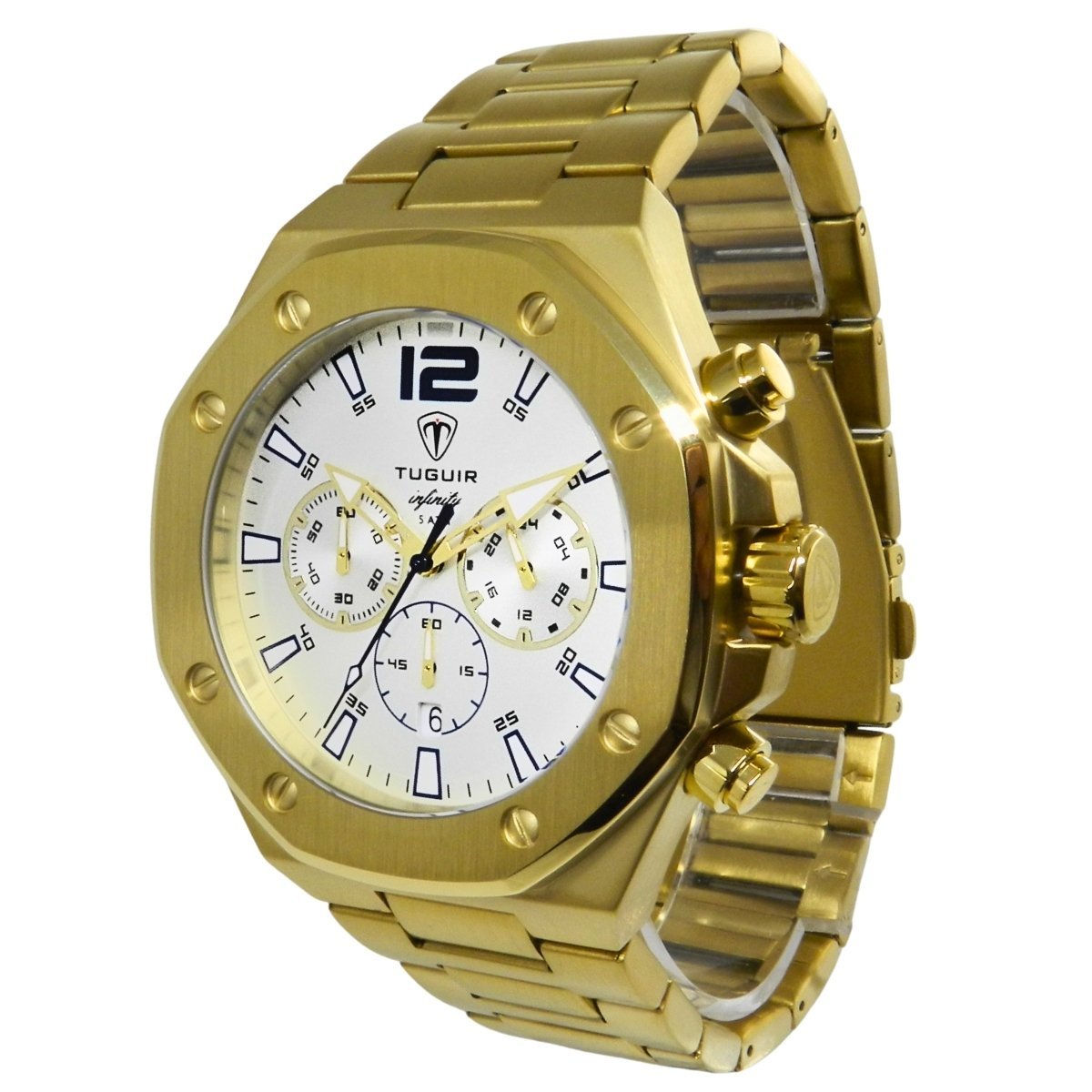 Relógio Cronógrafo Masculino de Aço Tuguir Analógico Infinity GCS-1271 Dourado e Branco Dourado 5