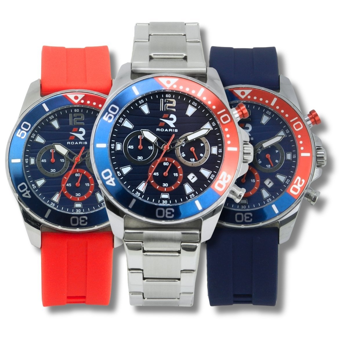 Relógio Cronógrafo Masculino Roaris Analógico RR00001 Prata e Azul e Vermelho