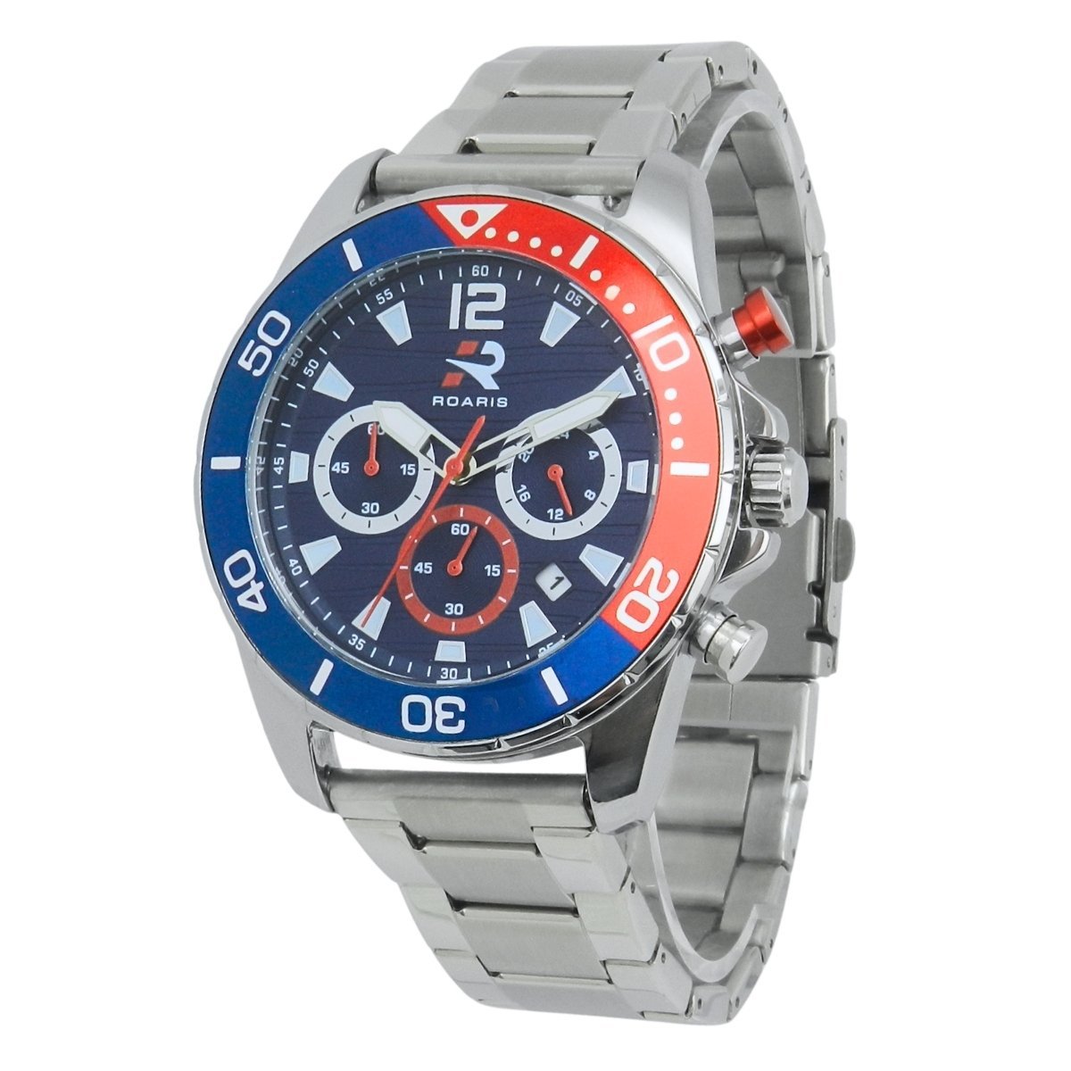 Relógio Cronógrafo Masculino Roaris Analógico RR00001 Prata e Azul e Vermelho Prata 6
