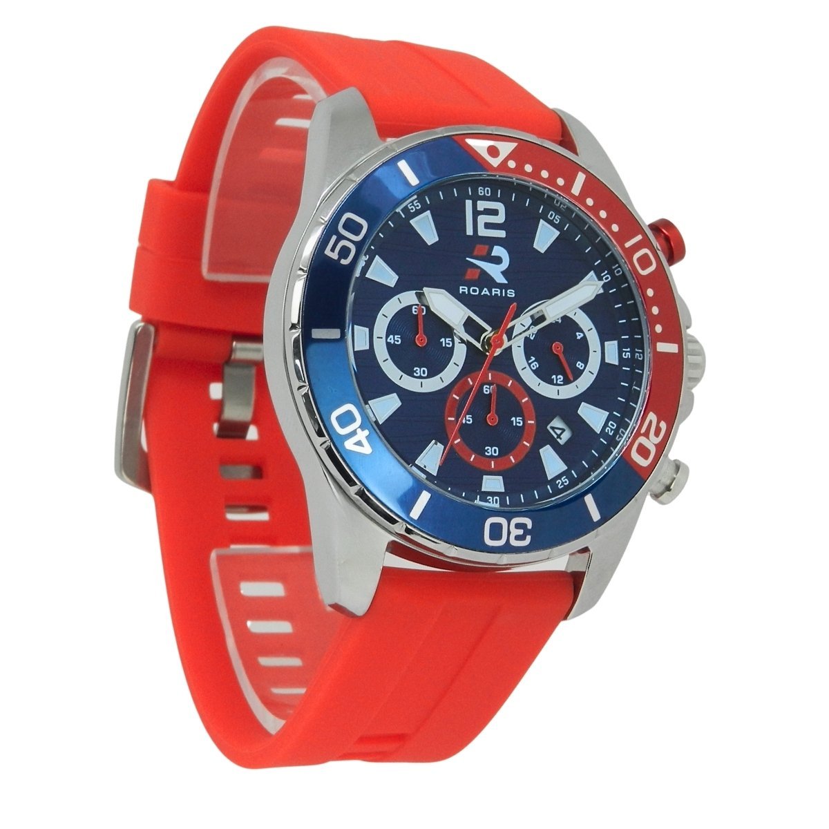 Relógio Cronógrafo Masculino Roaris Analógico RR00001 Prata e Azul e Vermelho Prata 8
