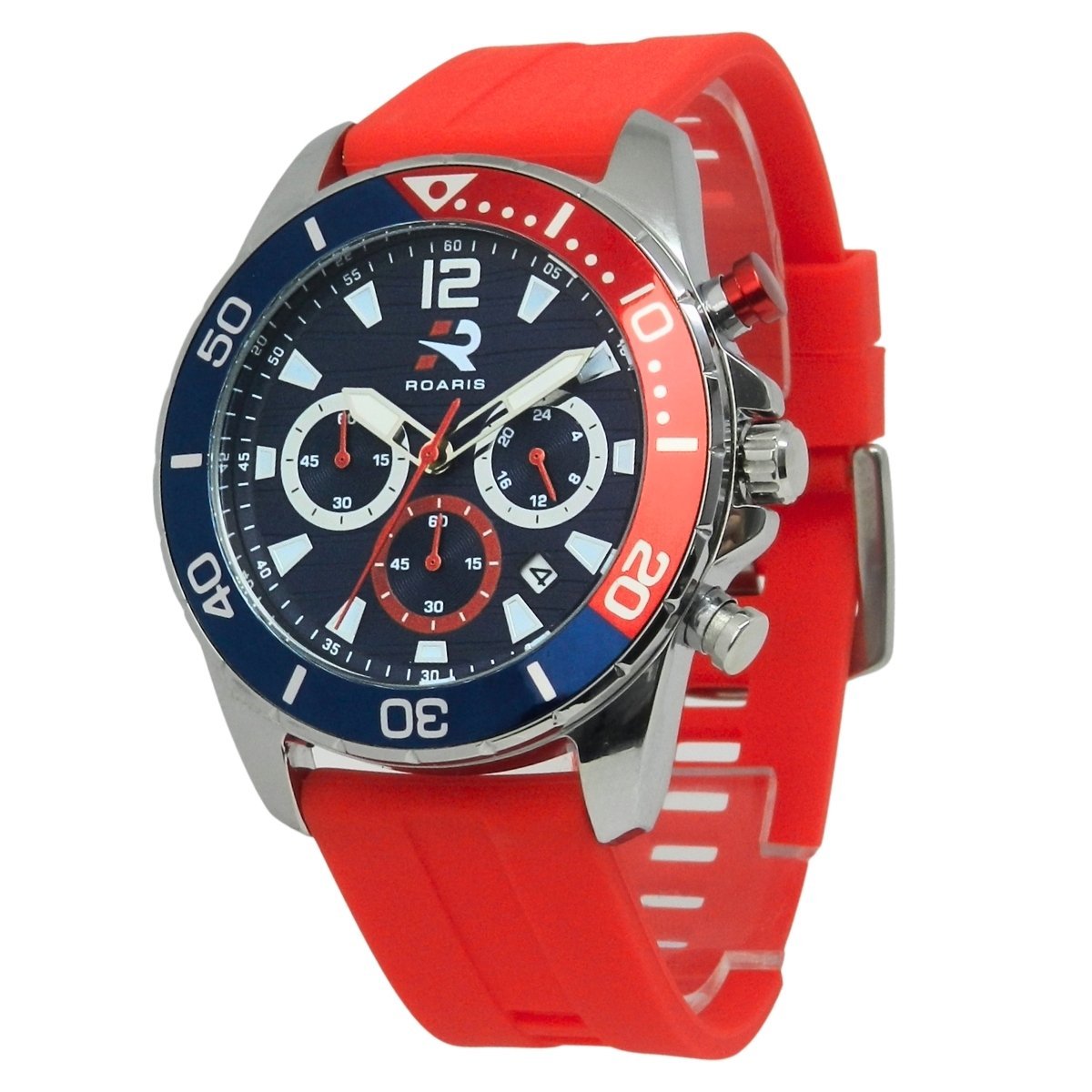 Relógio Cronógrafo Masculino Roaris Analógico RR00001 Prata e Azul e Vermelho Prata 9
