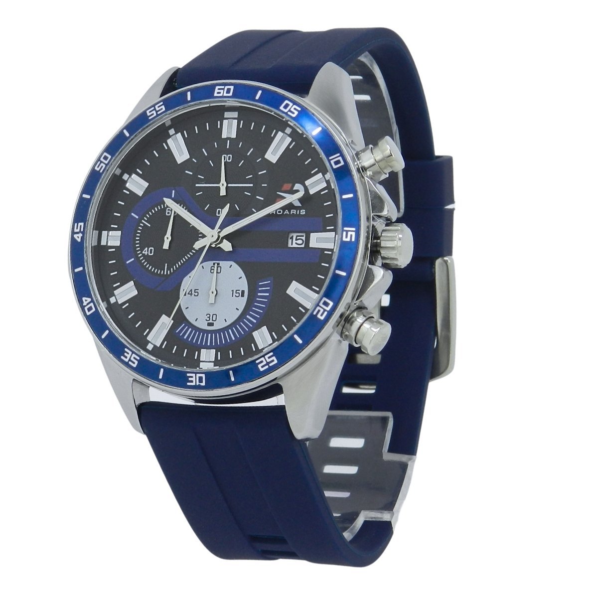 Relógio Cronógrafo Masculino Roaris Analógico RR00007 Prata e Preto e Azul Prata 9