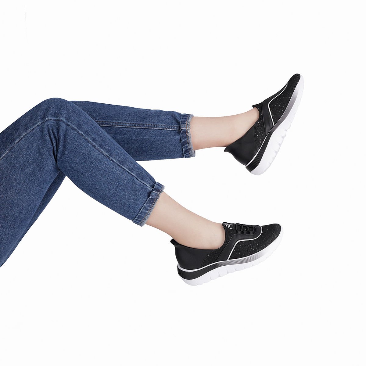 Tênis SlipFit Salto Médio Preto com Prata Preto 5