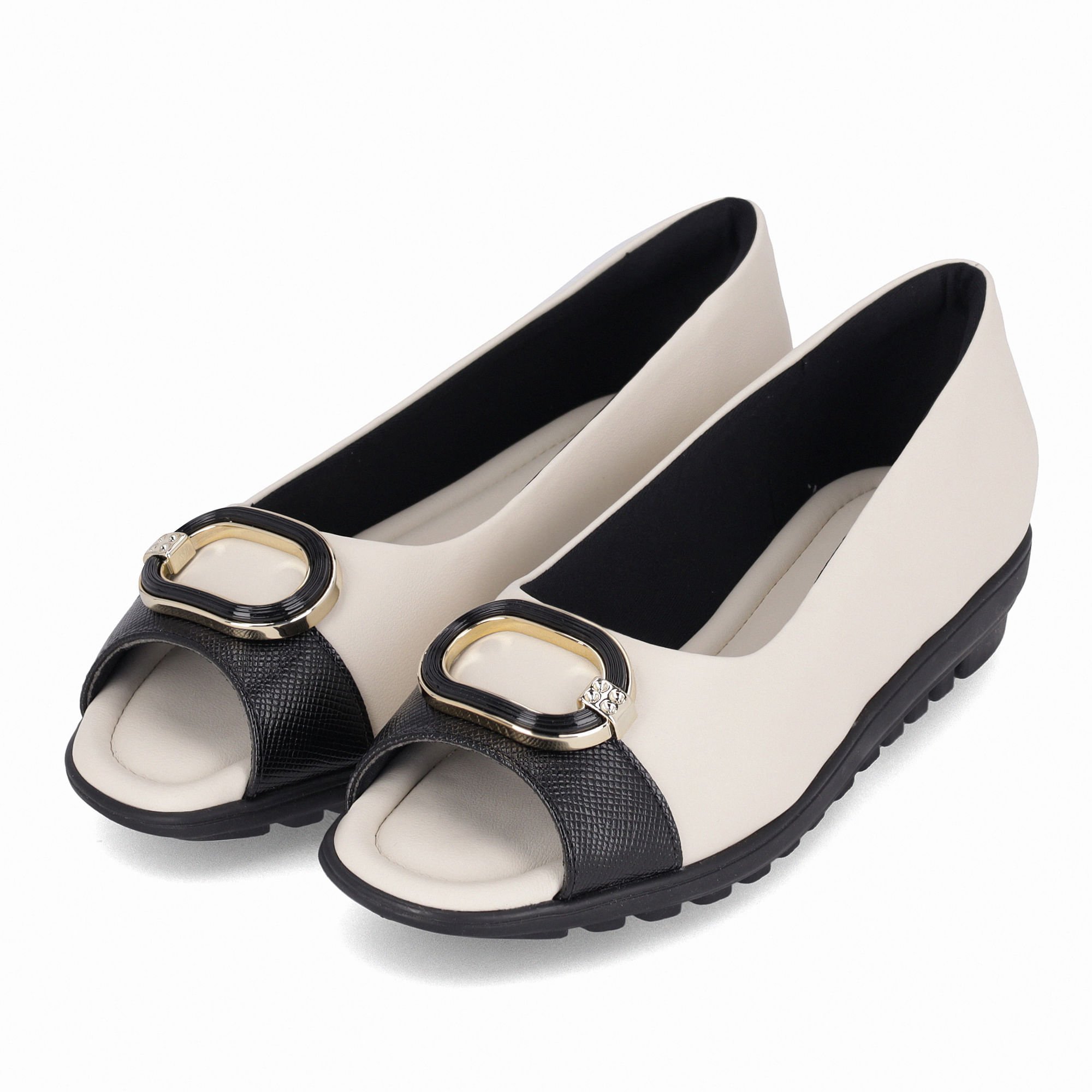 Peep Toe Anabela Baixo Off White com Preto Branco 2