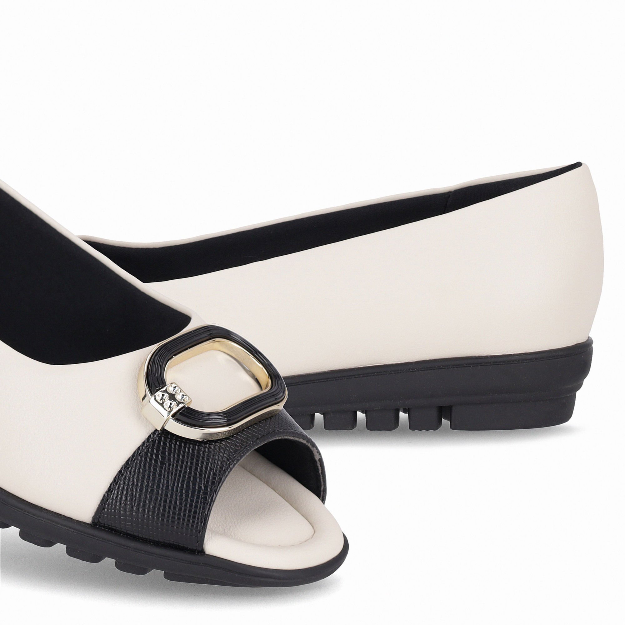 Peep Toe Anabela Baixo Off White com Preto Branco 3