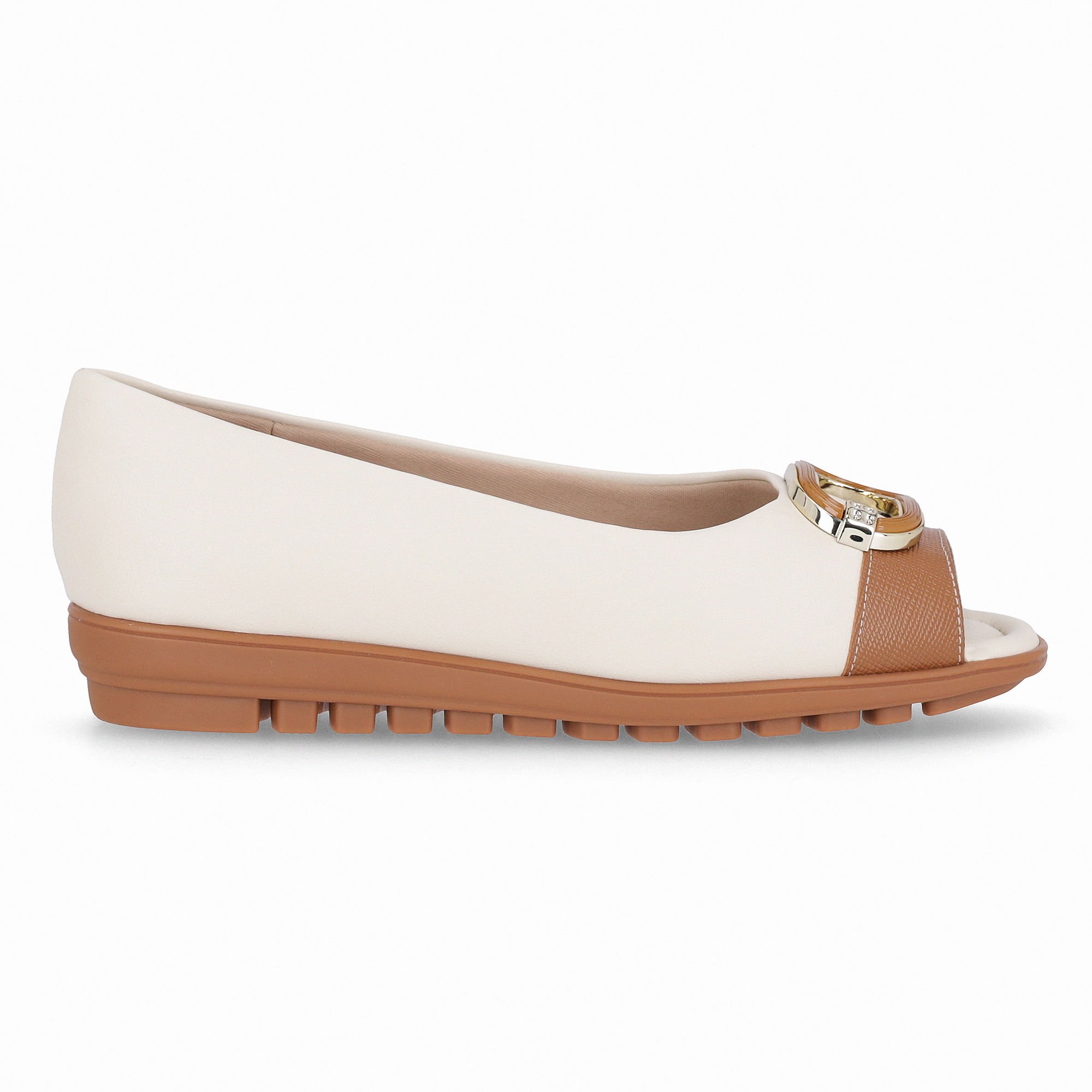 Peep Toe Aline Anabela Baixo Off White com Mascavo