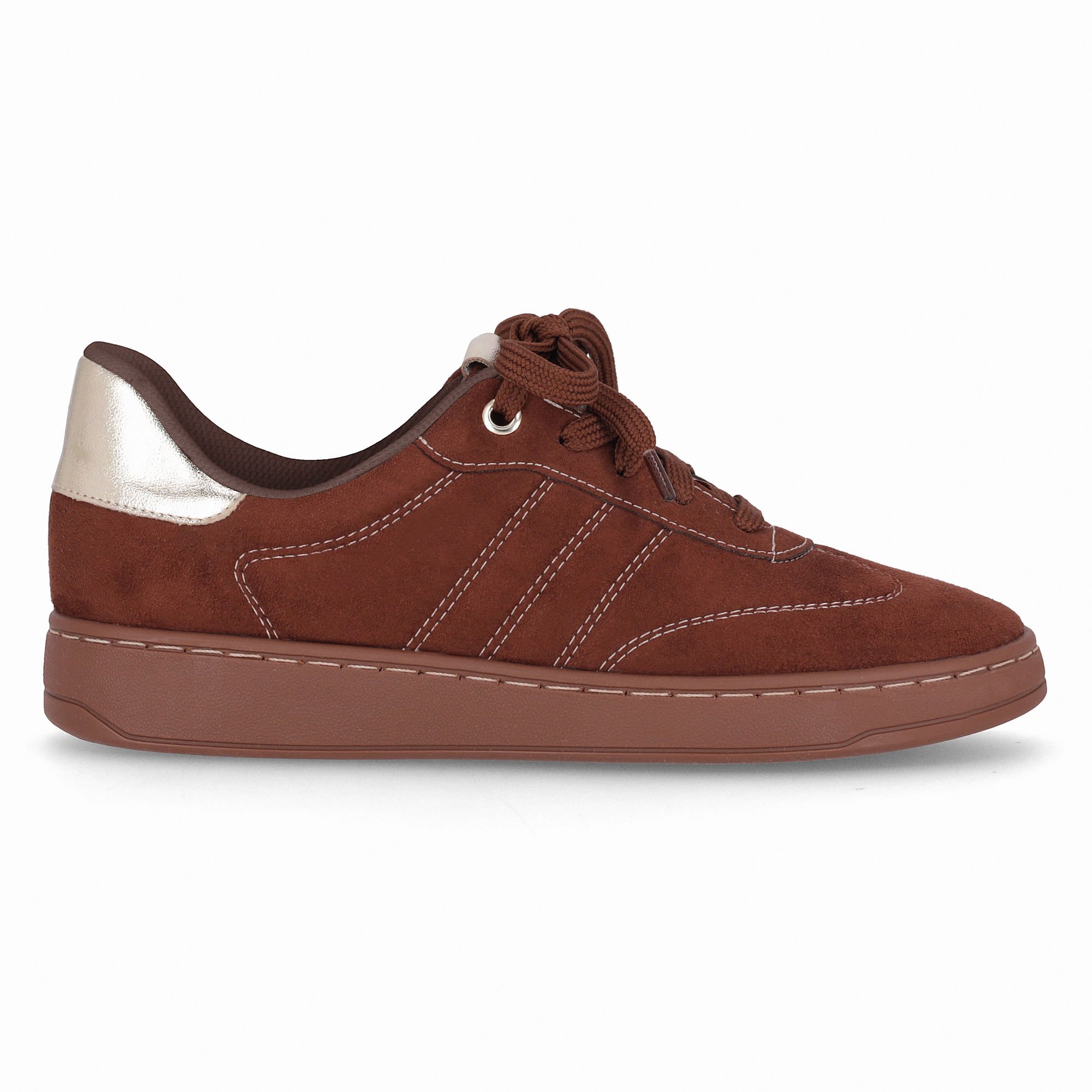 Tênis Beta Salto Baixo Pinhao com Ouro