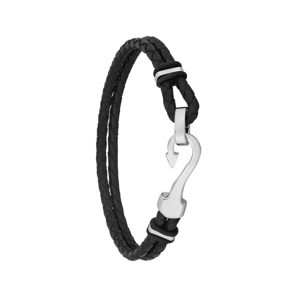 Pulseira Aço Couro Fish Hook 9mm Preto 1