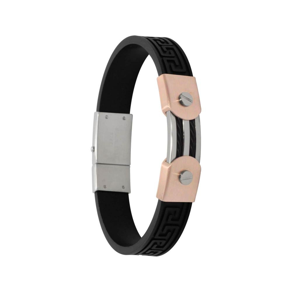 Pulseira Aço IPR e Caucciù com Trabalhado Grego 12mm 21cm