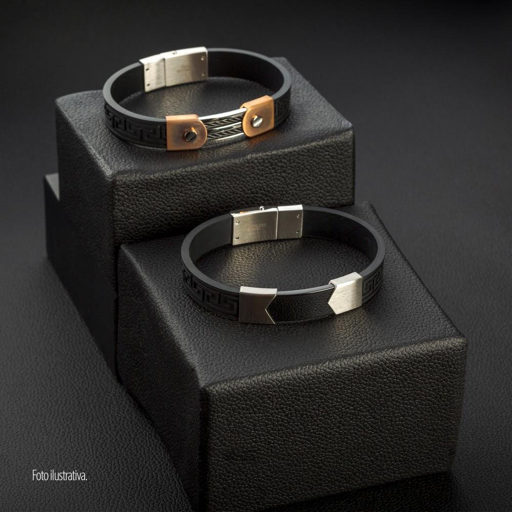 Pulseira Aço IPR e Caucciù com Trabalhado Grego 12mm 21cm Preto 2