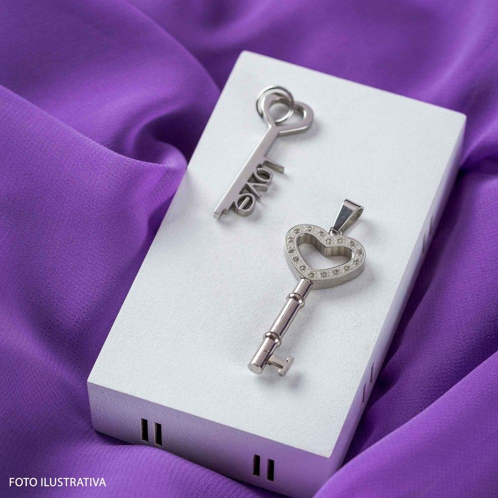 Pingente Aço Chave Pendente e LOVE 41x14mm Prata 3