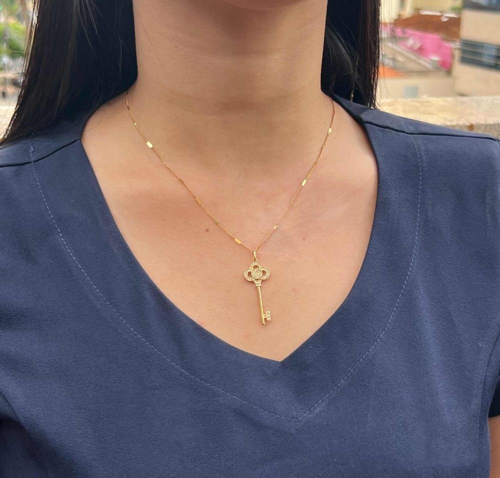 Pingente Prata c/ Ouro 18K Chave com Zircônia 37x15mm Dourado 5