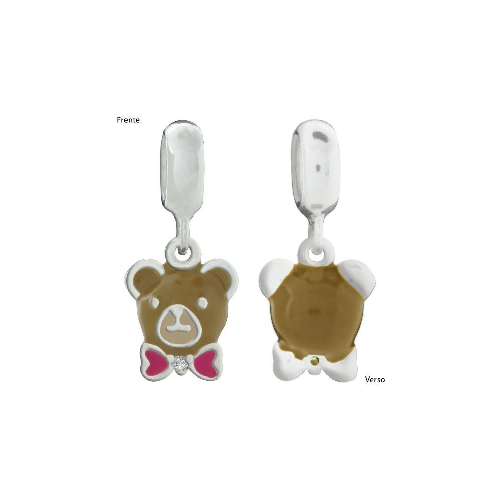 Pingente Prata Link Urso Caramelo com Gravata Rosa Prata 3