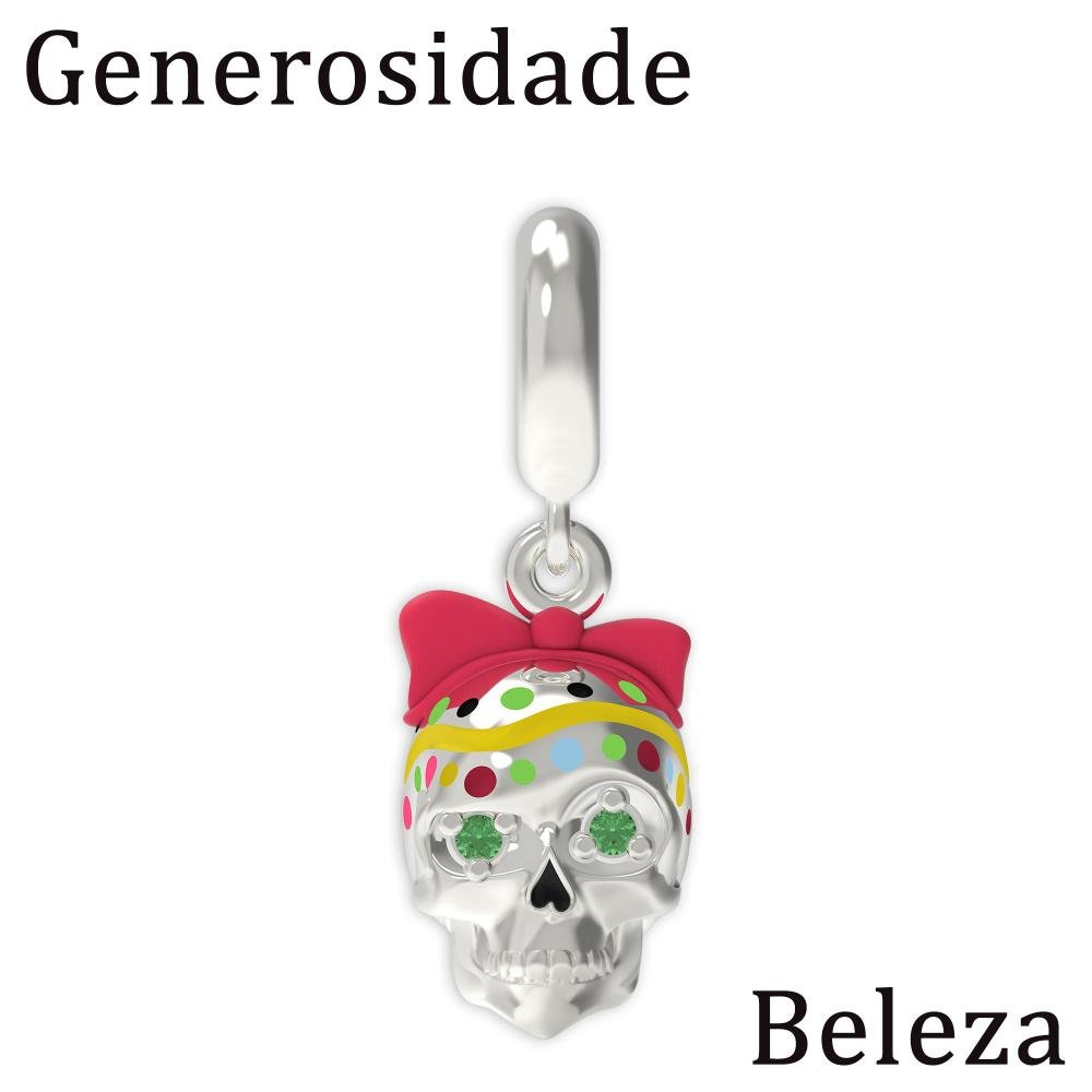 Berloque de Prata La Catrina Caveira Rosa Link com Resina e Zircônias Prata 7