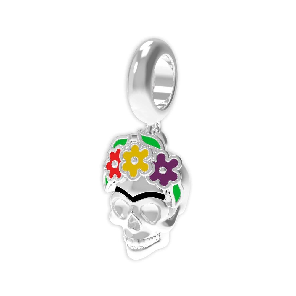 Berloque de Prata La Catrina Caveira Frida com Resina Prata 2