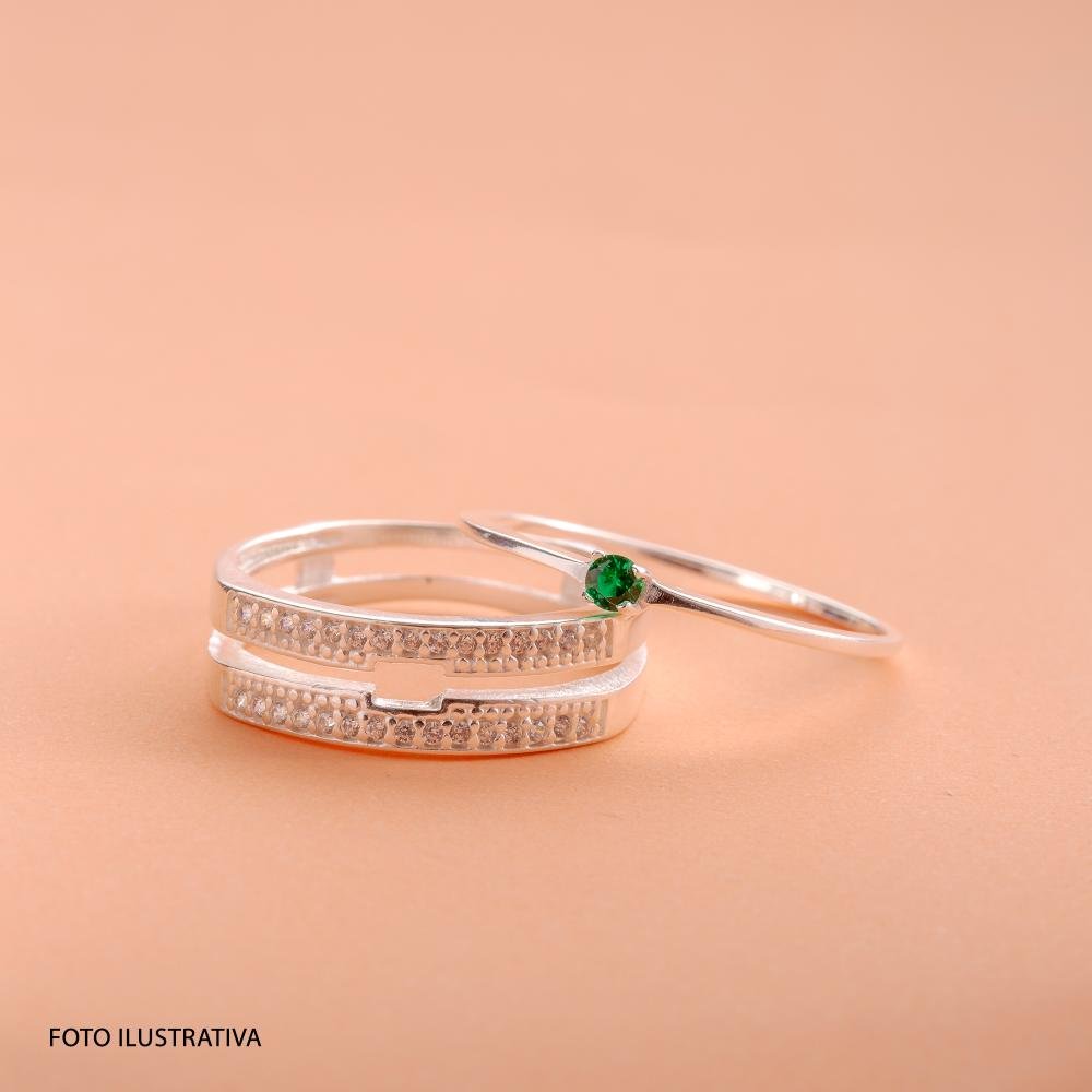 Anel de Prata Solitário Aparador com Zircônia Verde Prata 2