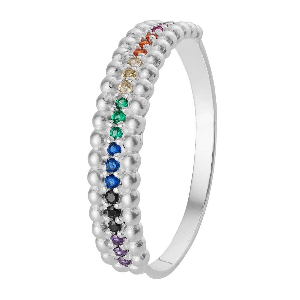 Anel de Prata Rainbow com Zircônias Colors e Bolinhas na Lateral Prata 1