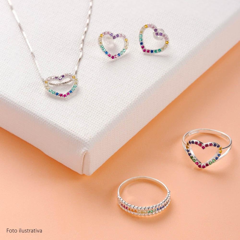 Anel de Prata Rainbow com Zircônias Colors e Bolinhas na Lateral Prata 2