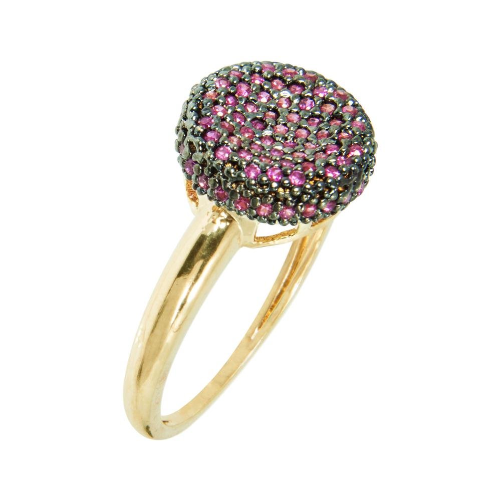 Anel Prata c/ Ouro 18K Botão Cravejado Vermelho 12mm Dourado 1