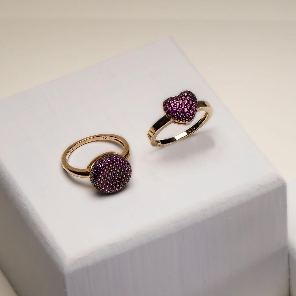 Anel Prata c/ Ouro 18K Botão Cravejado Vermelho 12mm Dourado 2