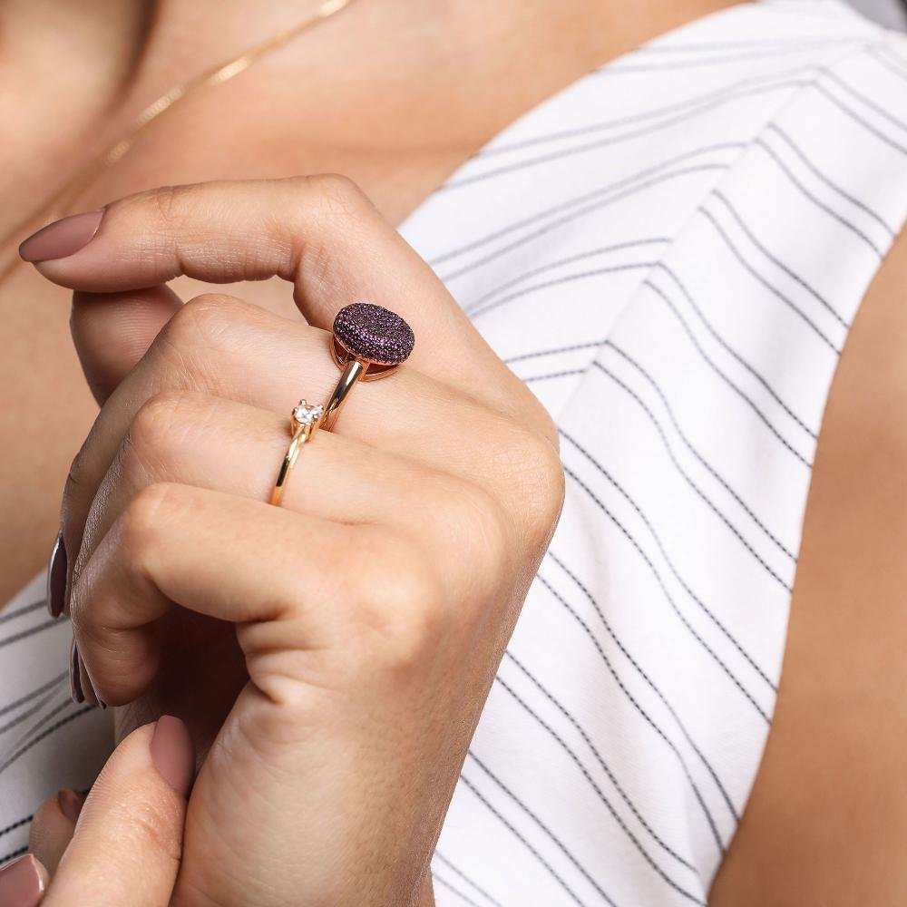 Anel Prata c/ Ouro 18K Botão Cravejado Vermelho 12mm Dourado 3