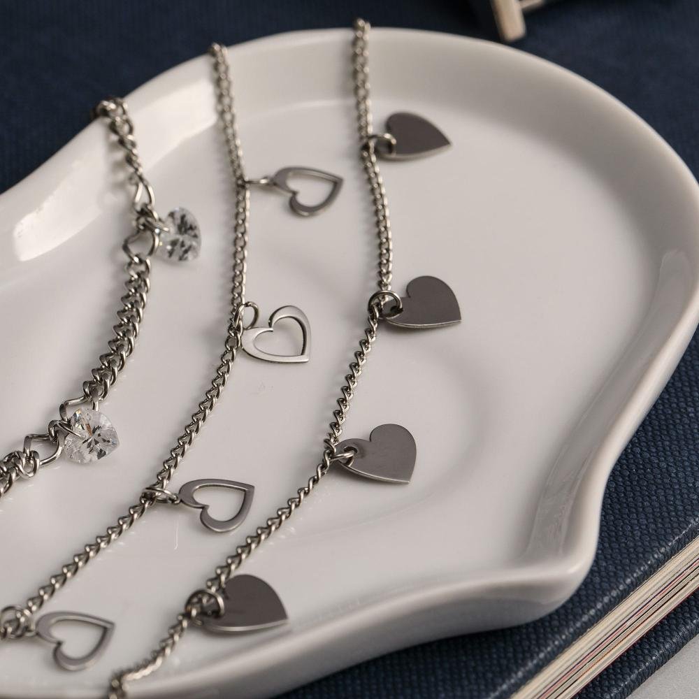 Colar Aço GLAM Groumet com 5 Corações Lisos 0.9 x0.8mm 45cm Prata 2