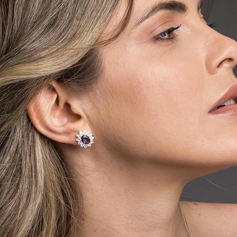 Brinco de Prata Coleção Queens Cristal Tanzanita 6x8 e Zirc Prata 6