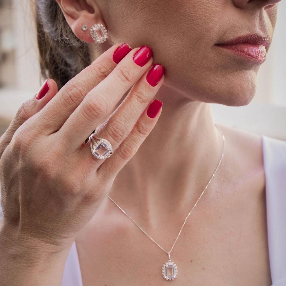 Anel de Prata Coleção Queens Cristal 8x10 e Zircônias Brancas Prata 2