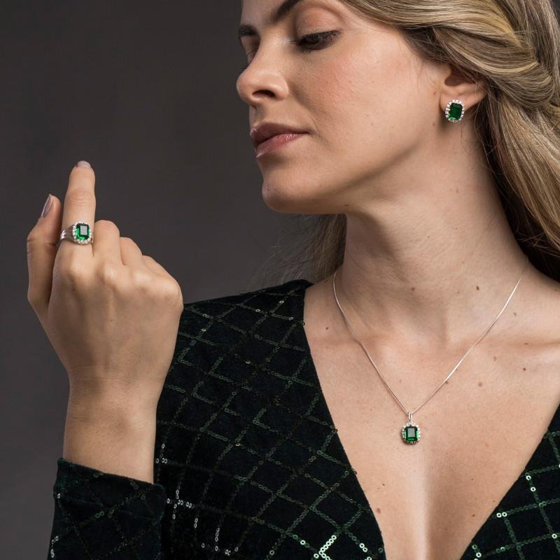 Brinco de Prata Coleção Queens Cristal Esmeralda 8x10 e Zir Prata 5