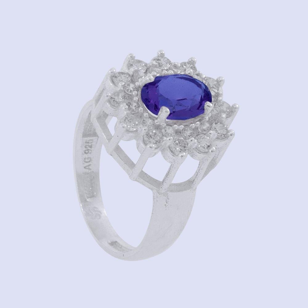 Anel de Prata Coleção Queens Cristal Tanzanita 6x8 e Zircônias Brancas Prata 1