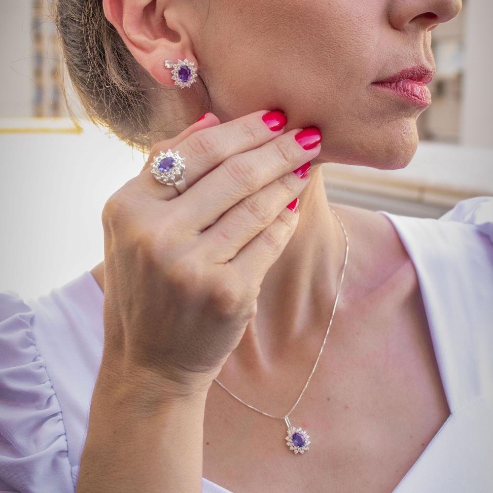 Anel de Prata Coleção Queens Cristal Tanzanita 6x8 e Zircônias Brancas Prata 2