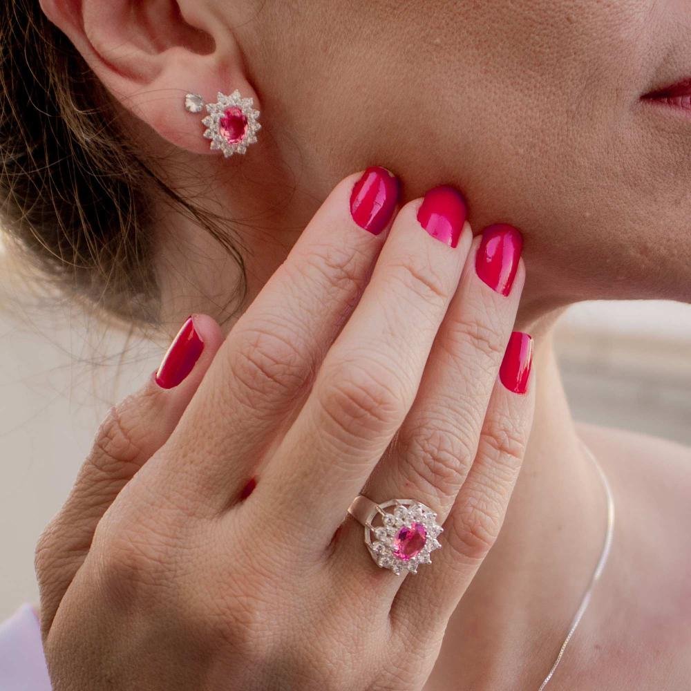 Brinco de Prata Coleção Queens Cristal Safira Rosa 6x8 e Zi Prata 3