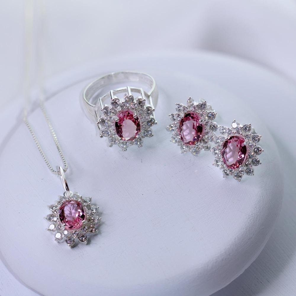 Brinco de Prata Coleção Queens Cristal Safira Rosa 6x8 e Zi Prata 4