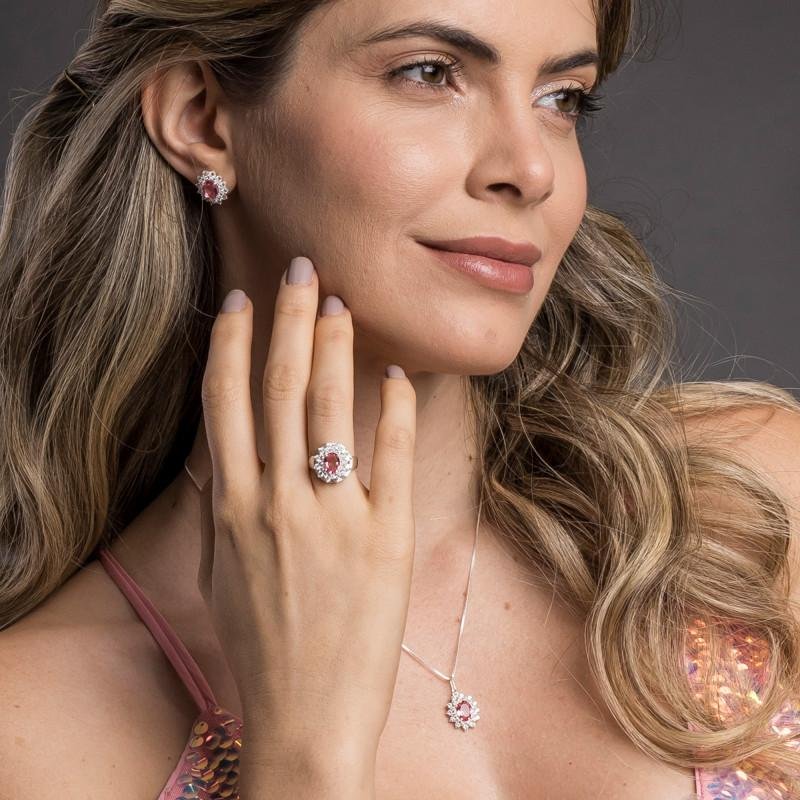 Brinco de Prata Coleção Queens Cristal Safira Rosa 6x8 e Zi Prata 5