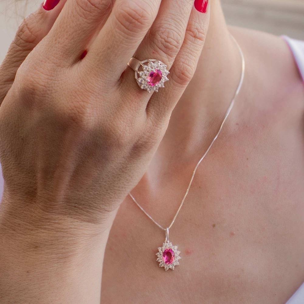 Anel de Prata Coleção Queens Cristal Safira Rosa 6x8 e Zircônias Brancas Prata 2