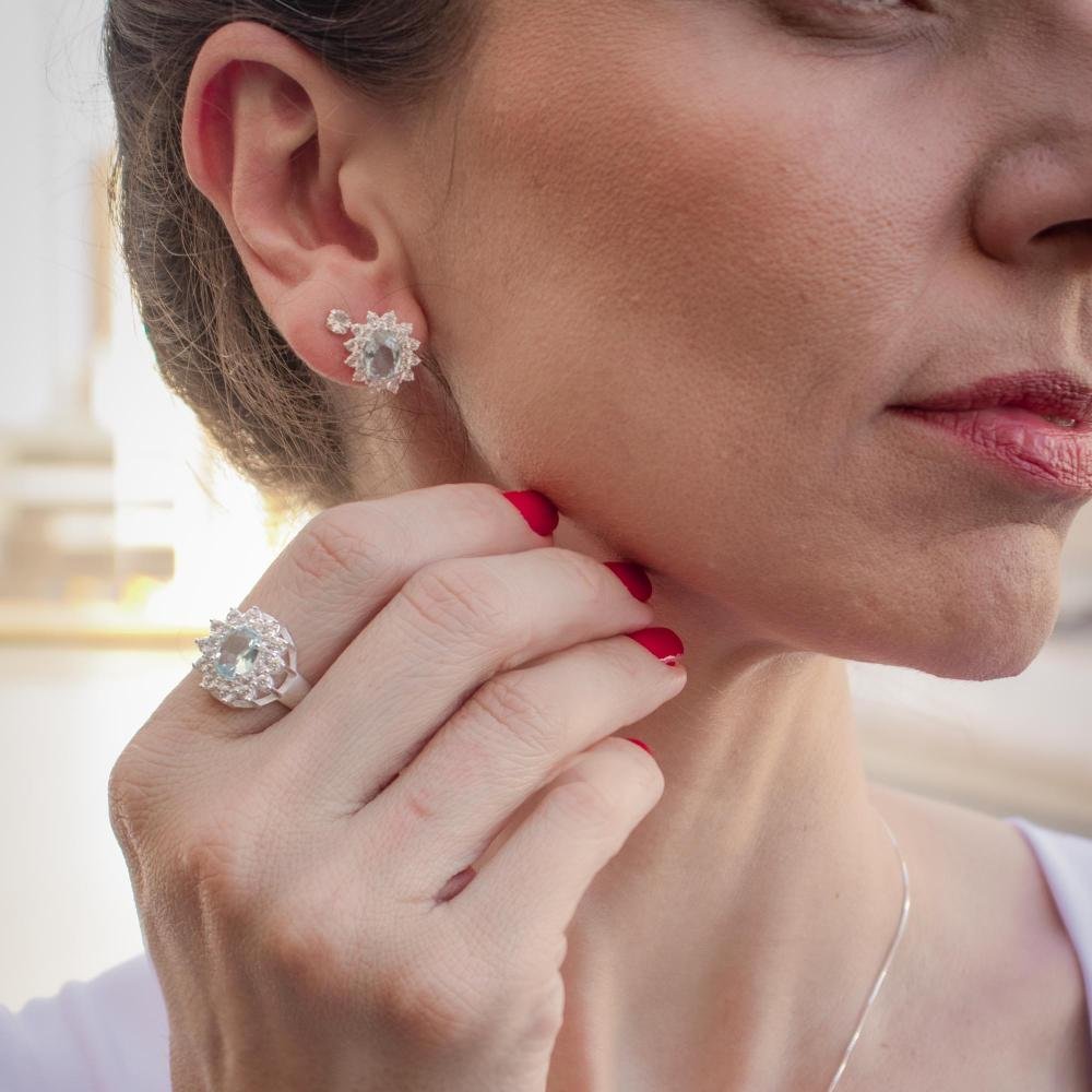 Anel de Prata Coleção Queens Cristal Topázio Sky 6x8 e Zircônias Brancas Prata 2