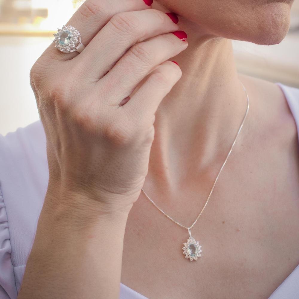 Anel de Prata Coleção Queens Cristal Topázio Sky 6x8 e Zircônias Brancas Prata 3