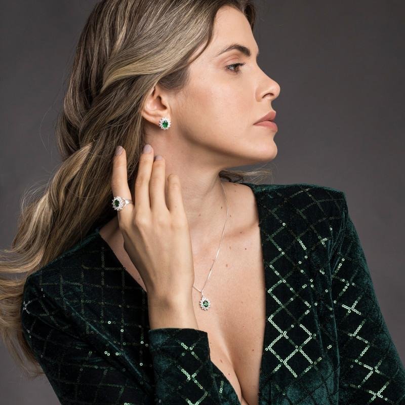 Brinco de Prata Coleção Queens Cristal Esmeralda 6x8 Prata 6