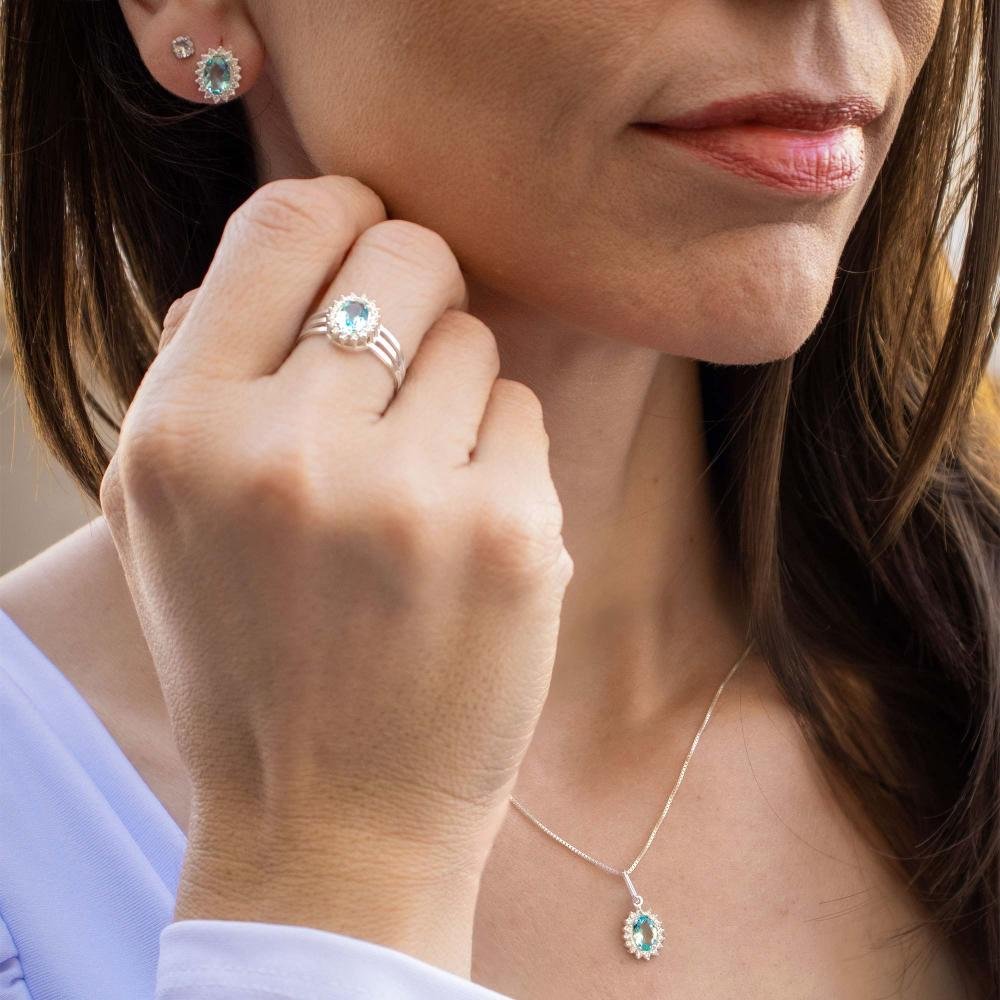 Anel de Prata Coleção Queens Oval Cristal Topázio Sky 5x7 e Zircônias Brancas Prata 2