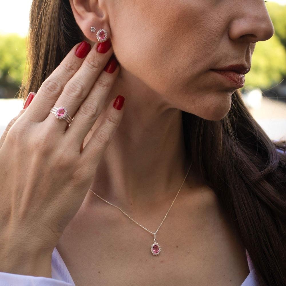 Brinco de Prata Coleção Queens Safira Rosa 5x7 e Zircônias Brancas Prata 2