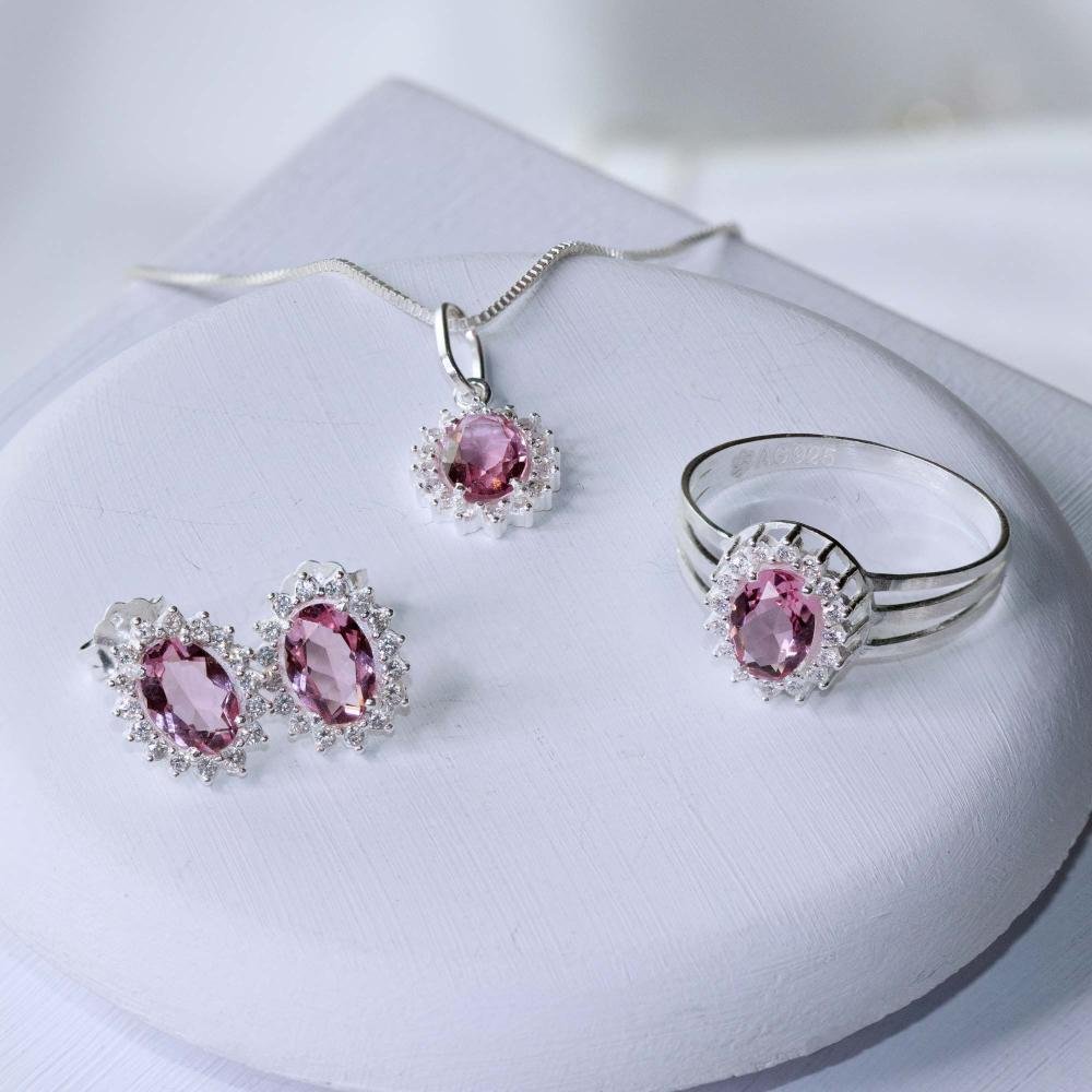 Brinco de Prata Coleção Queens Safira Rosa 5x7 e Zircônias Brancas Prata 3