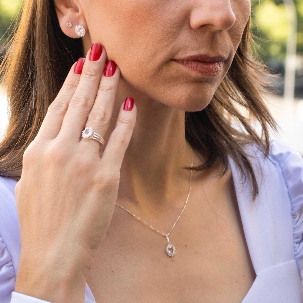 Anel de Prata Coleção Queens Cristal 5x7 e Zircônias Brancas Prata 2