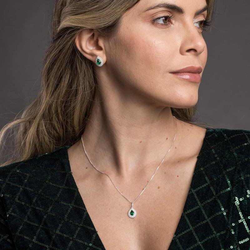 Brinco de Prata Coleção Queens Cristal Esmeralda 5x7 e Zircônias Brancas Prata 4