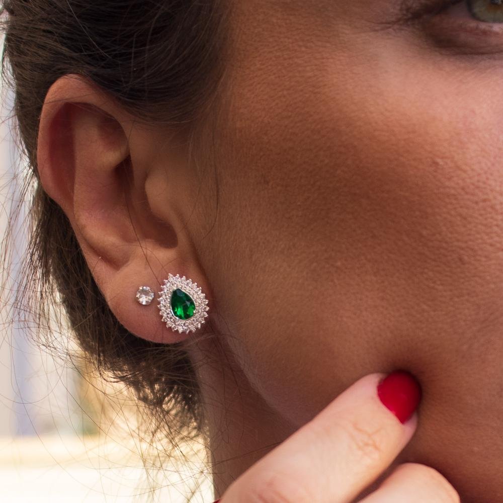 Brinco de Prata Coleção Queens Cristal Esmeralda 5x7 e Zircônias Brancas Prata 6