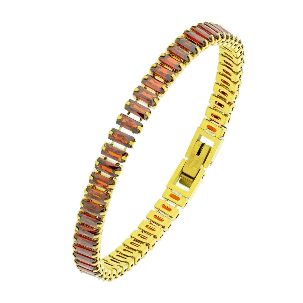 Pulseira de Aço Riviera Rubi Zircônia Baguete 20cm IPG Dourado 4