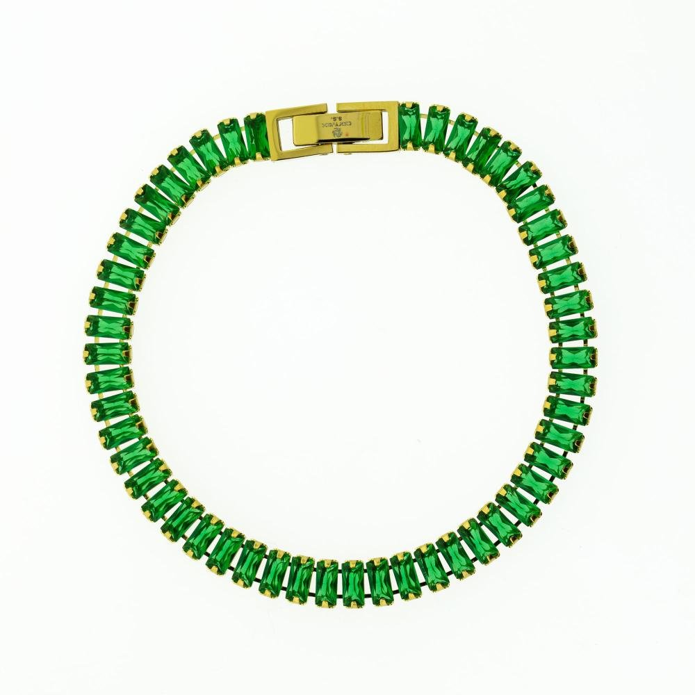 Pulseira de Aço Riviera Esmeralda Zircônia Baguete 20cmIP Dourado 2
