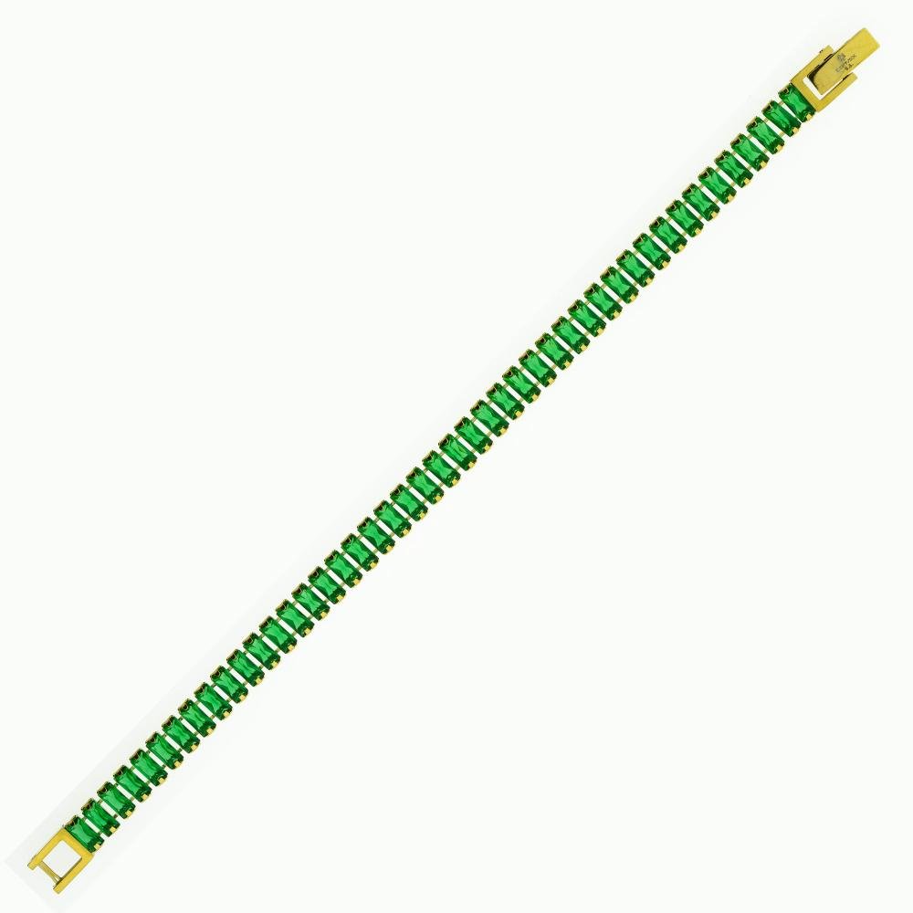 Pulseira de Aço Riviera Esmeralda Zircônia Baguete 20cmIP Dourado 3