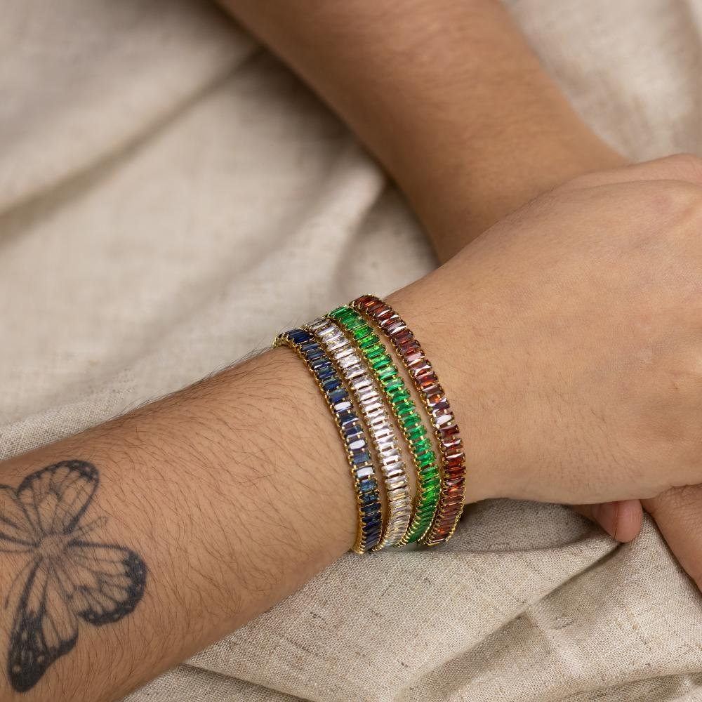 Pulseira de Aço Riviera Esmeralda Zircônia Baguete 20cmIP Dourado 7