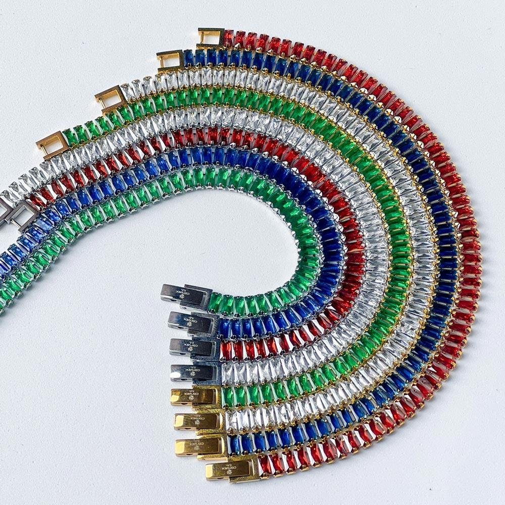 Pulseira de Aço Riviera Esmeralda Zircônia Baguete 20cmIP Dourado 8