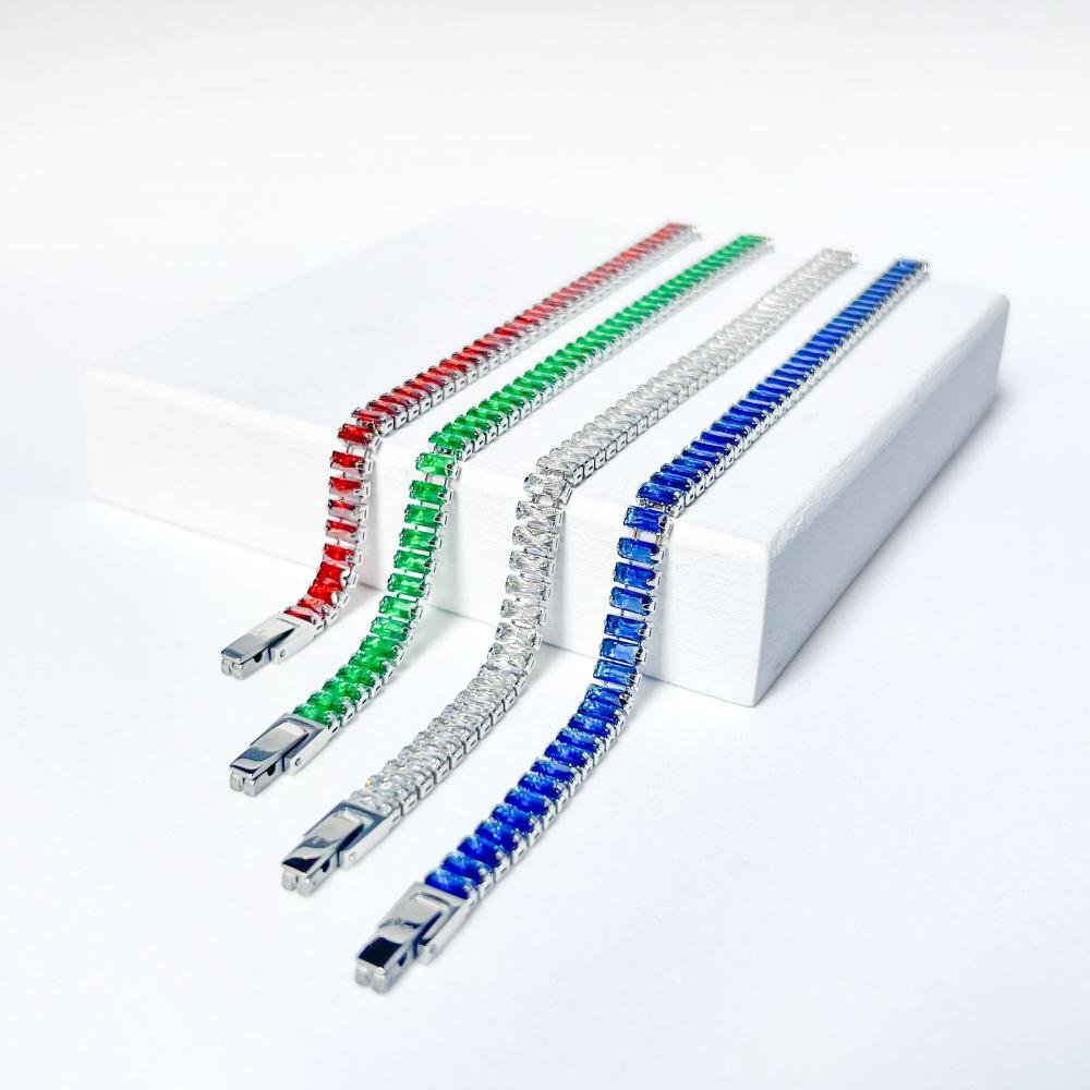 Pulseira de Aço Riviera Rubi Zircônia Baguete 20cm Prata 9